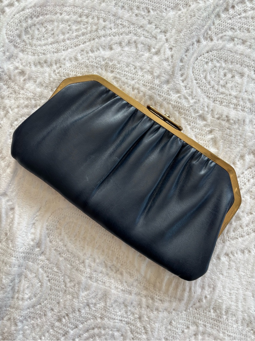 Reversible Navy and Cream Genuine Leather Clutch with Gold Hardware